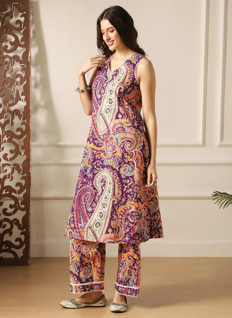 globus  Globus Women Purple Paisley Ethnic Print Lace Detail V-Neck Sleeveless A-Line Kurta & Pant Fusion Set for Women | Best Price UAE